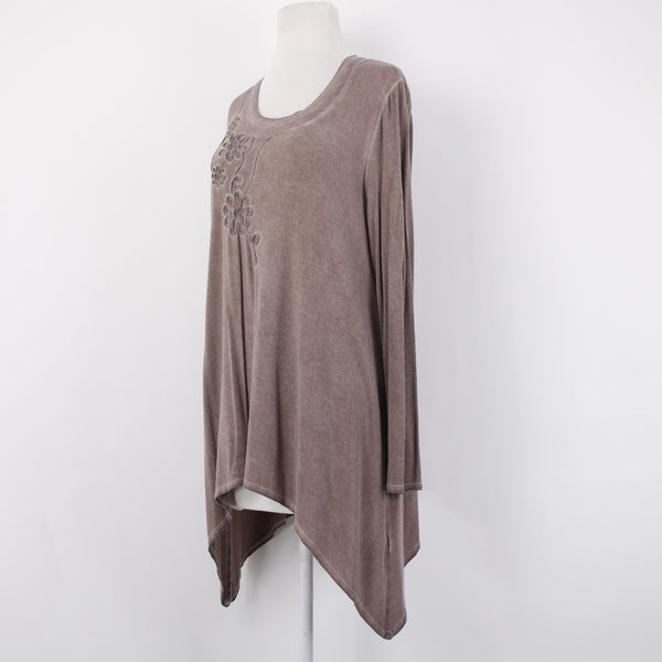 Charlie Paige Top Sz S/M Brown Floral Asymmetrical Tunic Rayon Spandex Top