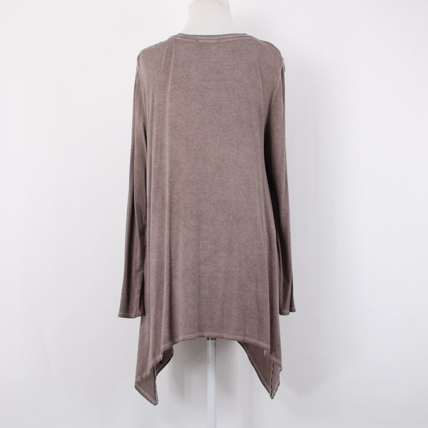 Charlie Paige Top Sz S/M Brown Floral Asymmetrical Tunic Rayon Spandex Top