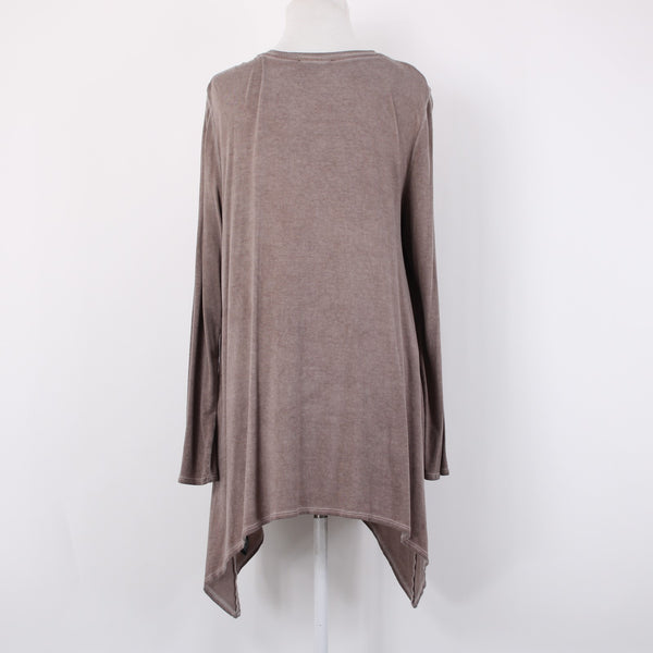 Charlie Paige Top Sz S/M Brown Floral Asymmetrical Tunic Rayon Spandex Top