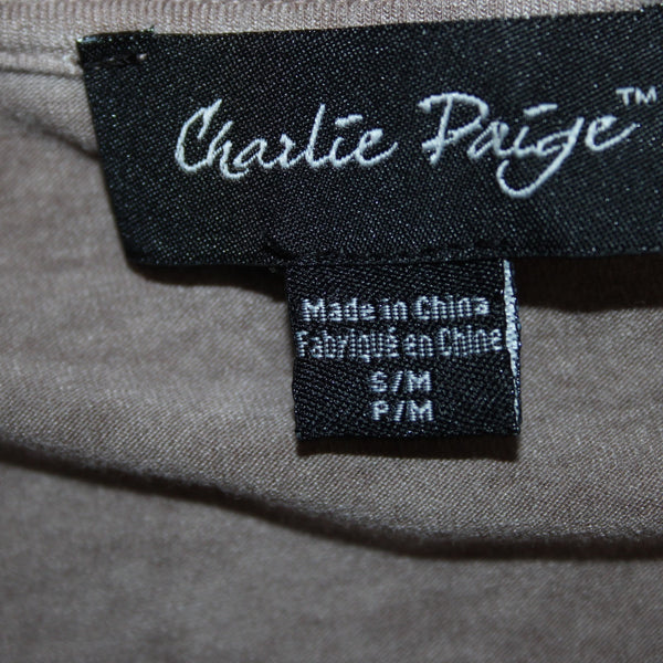 Charlie Paige Top Sz S/M Brown Floral Asymmetrical Tunic Rayon Spandex Top