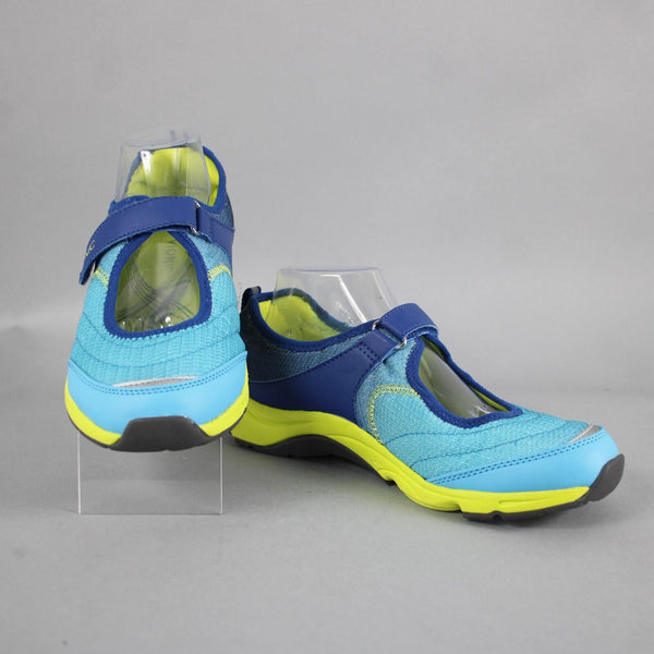 Vionic Sz 8.5 Blue Lime Green Adjustable Strap Fabric Upper Rubber Sole Shoes