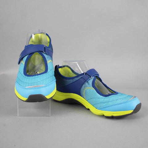 Vionic Sz 8.5 Blue Lime Green Adjustable Strap Fabric Upper Rubber Sole Shoes