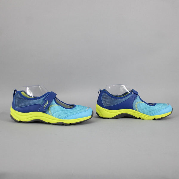 Vionic Sz 8.5 Blue Lime Green Adjustable Strap Fabric Upper Rubber Sole Shoes