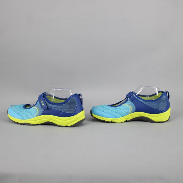Vionic Sz 8.5 Blue Lime Green Adjustable Strap Fabric Upper Rubber Sole Shoes
