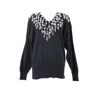 Bonnie Boerer Company Sz S Black Silver Crystals Beaded Ramie Cotton Sweater