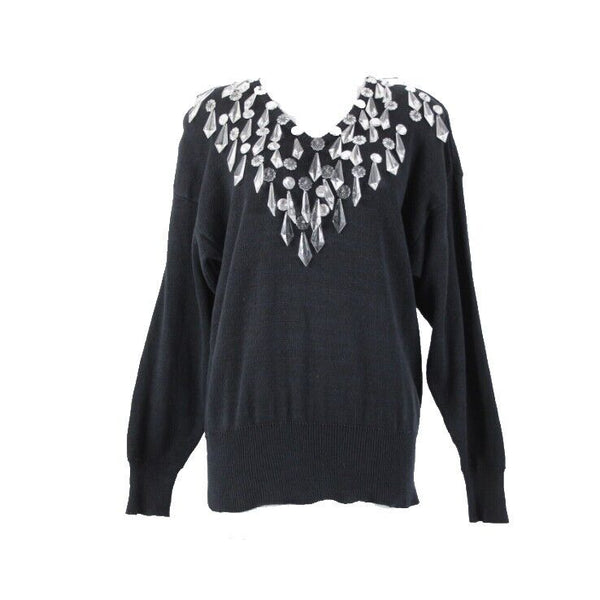 Bonnie Boerer Company Sz S Black Silver Crystals Beaded Ramie Cotton Sweater