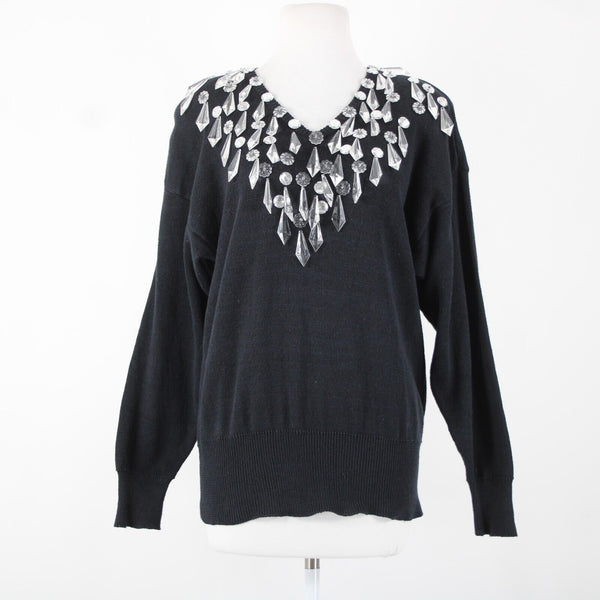 Bonnie Boerer Company Sz S Black Silver Crystals Beaded Ramie Cotton Sweater