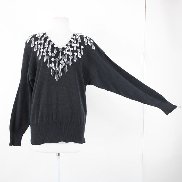 Bonnie Boerer Company Sz S Black Silver Crystals Beaded Ramie Cotton Sweater