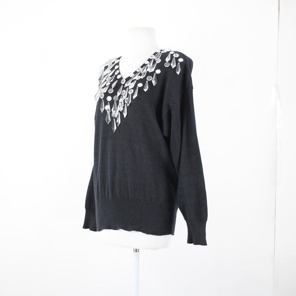 Bonnie Boerer Company Sz S Black Silver Crystals Beaded Ramie Cotton Sweater