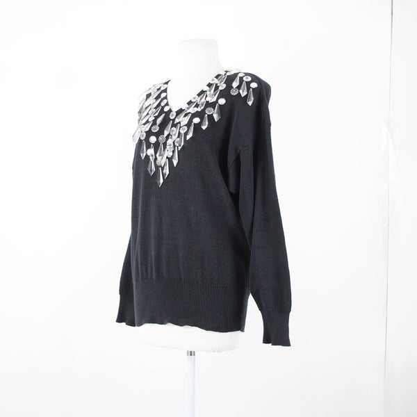 Bonnie Boerer Company Sz S Black Silver Crystals Beaded Ramie Cotton Sweater