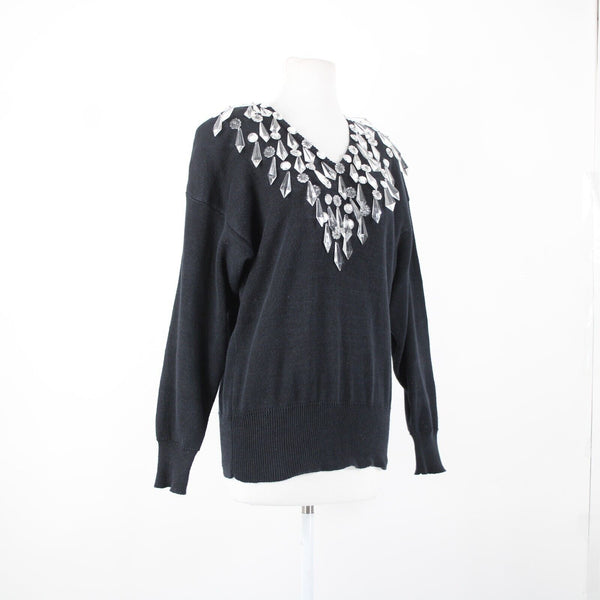 Bonnie Boerer Company Sz S Black Silver Crystals Beaded Ramie Cotton Sweater