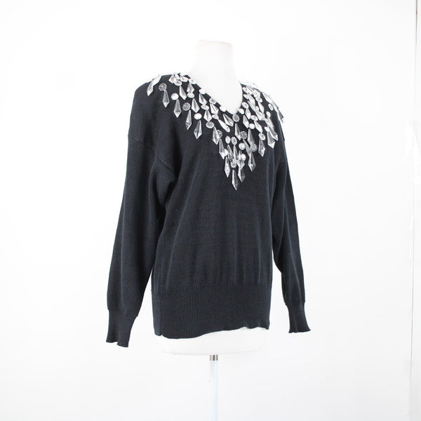 Bonnie Boerer Company Sz S Black Silver Crystals Beaded Ramie Cotton Sweater