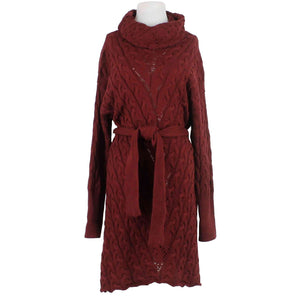 Fate NEW Sz S Burgundy Open Knit Turtleneck Belted Acrylic Cotton Sweater Dress