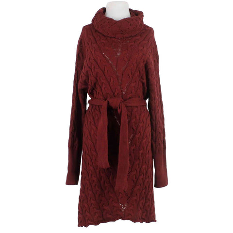 Fate NEW Sz S Burgundy Open Knit Turtleneck Belted Acrylic Cotton Sweater Dress