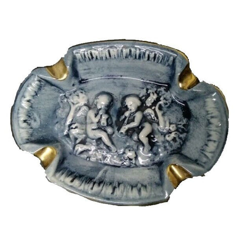 R Capodimonte Blue Cream Gold Trim Bas Relief Ashtray