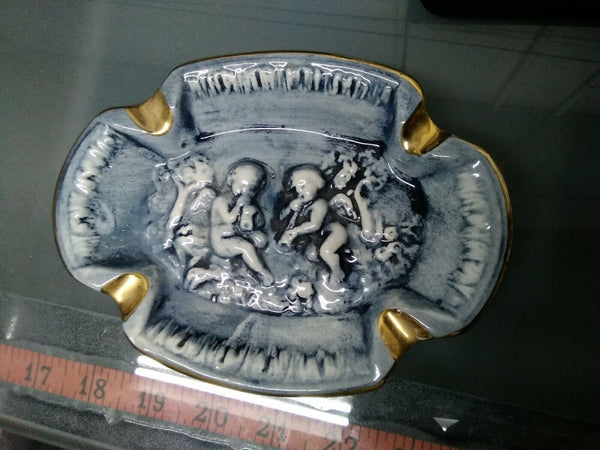 R Capodimonte Blue Cream Gold Trim Bas Relief Ashtray