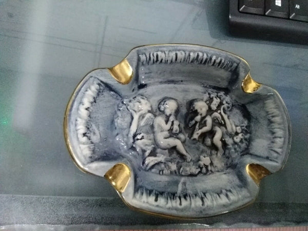 R Capodimonte Blue Cream Gold Trim Bas Relief Ashtray