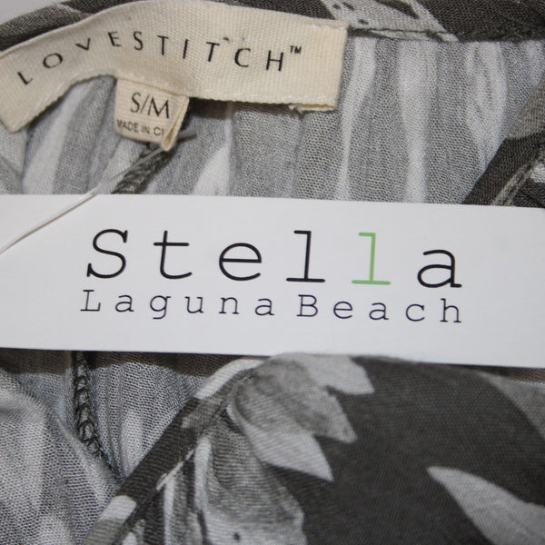Love Stitch Top NEW $44 Sz S/M Gray White Asymmetrical Tassled 100% Rayon Top
