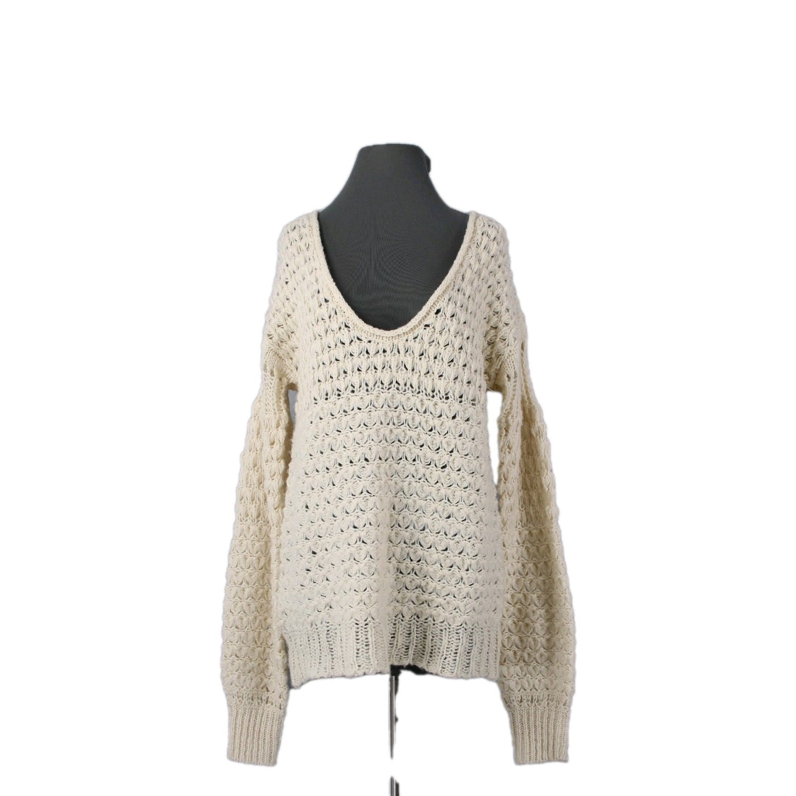 Free People Sz XS Beige Open Knit Acrylic Blend Oversize Scoop Slouch Sweater