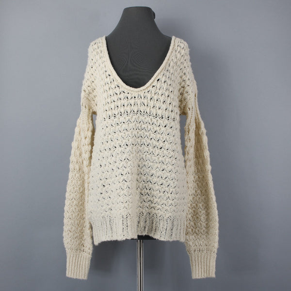Free People Sz XS Beige Open Knit Acrylic Blend Oversize Scoop Slouch Sweater