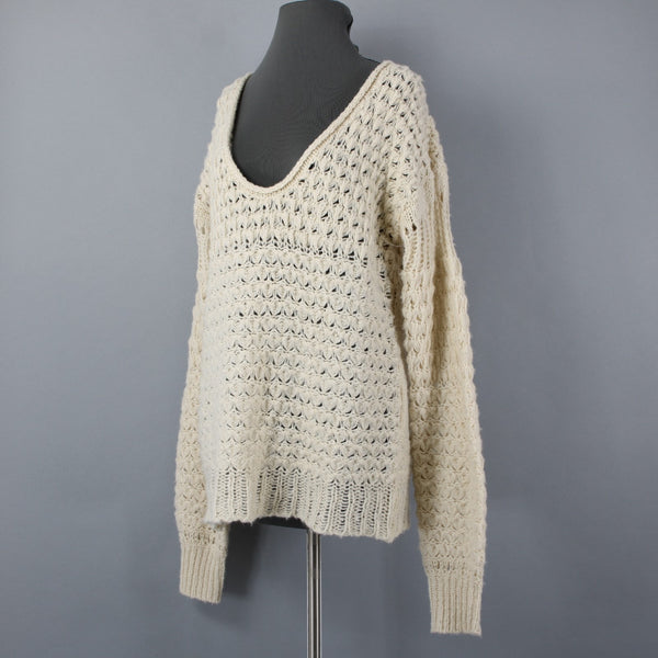 Free People Sz XS Beige Open Knit Acrylic Blend Oversize Scoop Slouch Sweater