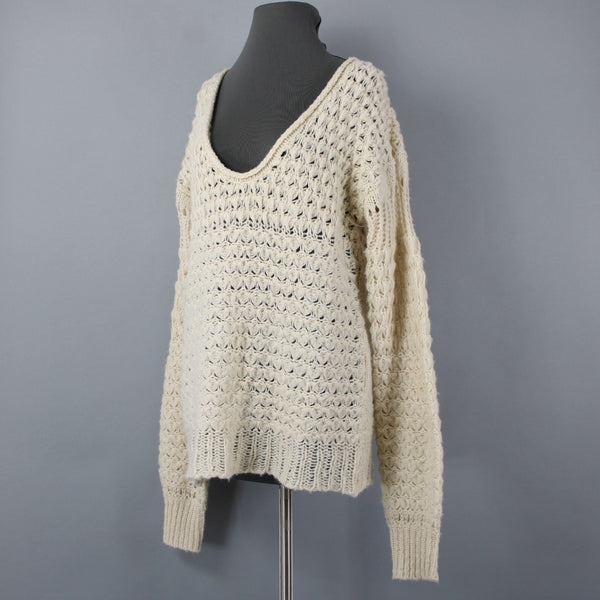 Free People Sz XS Beige Open Knit Acrylic Blend Oversize Scoop Slouch Sweater