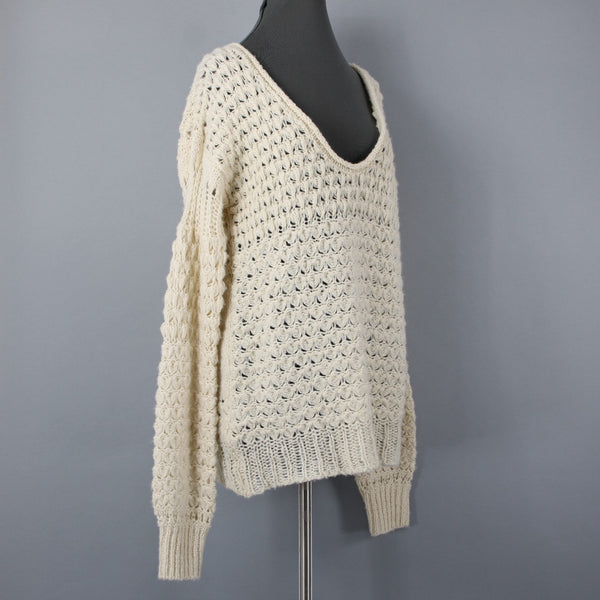 Free People Sz XS Beige Open Knit Acrylic Blend Oversize Scoop Slouch Sweater