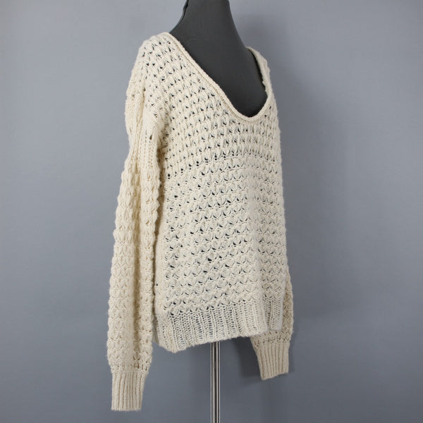Free People Sz XS Beige Open Knit Acrylic Blend Oversize Scoop Slouch Sweater