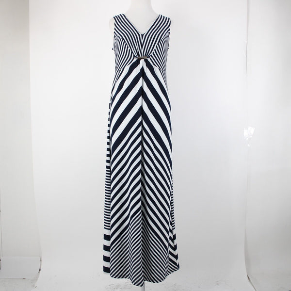 NY Collection NEW $70 Sz S Navy Blue White Striped Silver Accent Polyester Dress