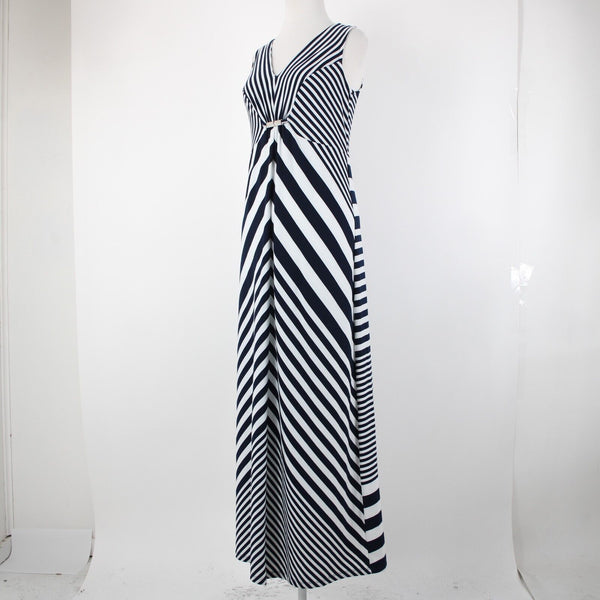 NY Collection NEW $70 Sz S Navy Blue White Striped Silver Accent Polyester Dress