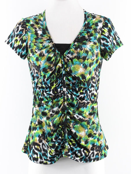 Elementz Sz PS Green Teal Black Multi Leopard Polyester Blend Ruched Top