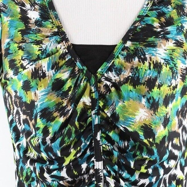 Elementz Sz PS Green Teal Black Multi Leopard Polyester Blend Ruched Top