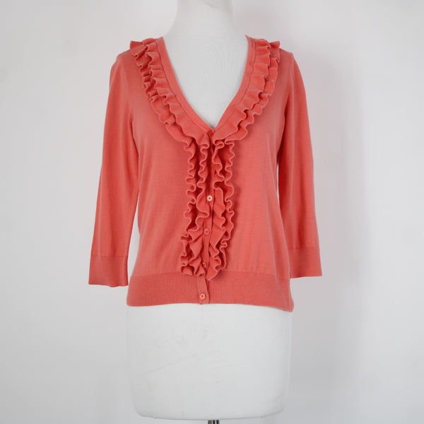 Talbots Sz XS Pink Ruffles Buttons 100% Pima Cotton Cardigan Sweater