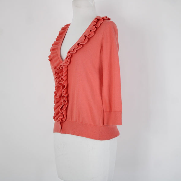 Talbots Sz XS Pink Ruffles Buttons 100% Pima Cotton Cardigan Sweater