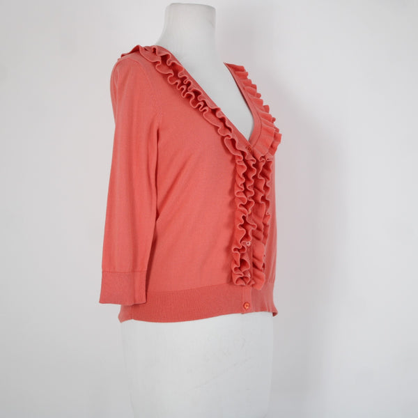 Talbots Sz XS Pink Ruffles Buttons 100% Pima Cotton Cardigan Sweater