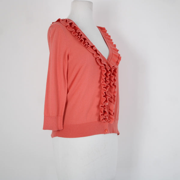 Talbots Sz XS Pink Ruffles Buttons 100% Pima Cotton Cardigan Sweater
