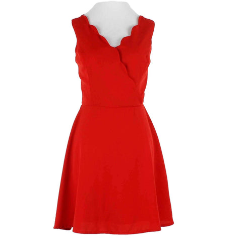 Alya NEW $48 Sz S Red Scalloped Double V Neck Lined Poly Dress