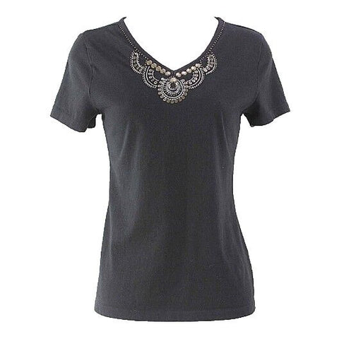 Croft & Barrow Sz S Black 100% Cotton Silver Brass Embroidered Sequin Top