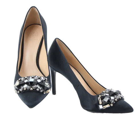 Tory Burch Sz 8.5 M Black Rhinestones Pointed Toe Leather Satin 3.5" Heel