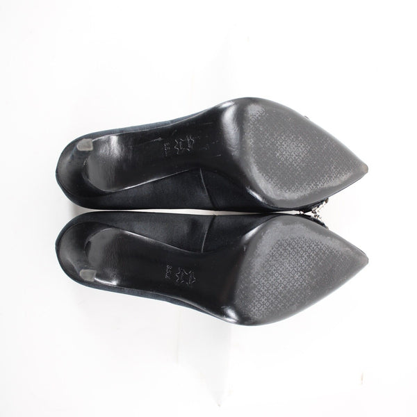 Tory Burch Sz 8.5 M Black Rhinestones Pointed Toe Leather Satin 3.5" Heel