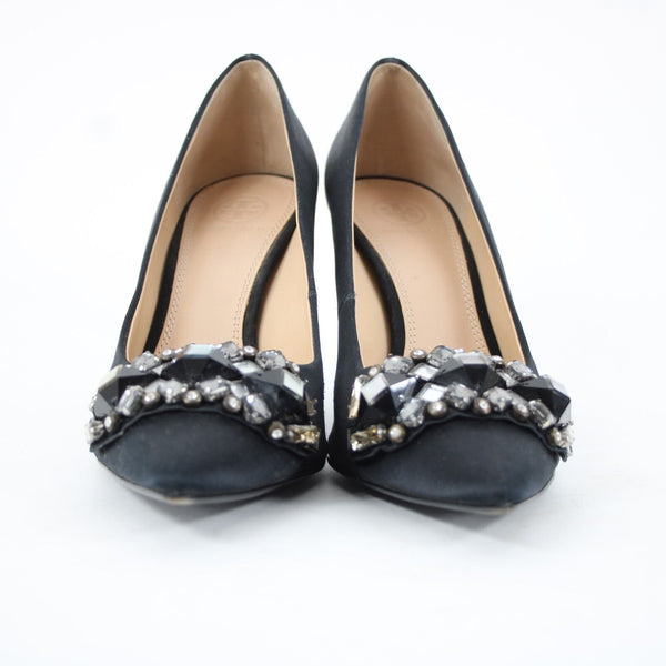 Tory Burch Sz 8.5 M Black Rhinestones Pointed Toe Leather Satin 3.5" Heel