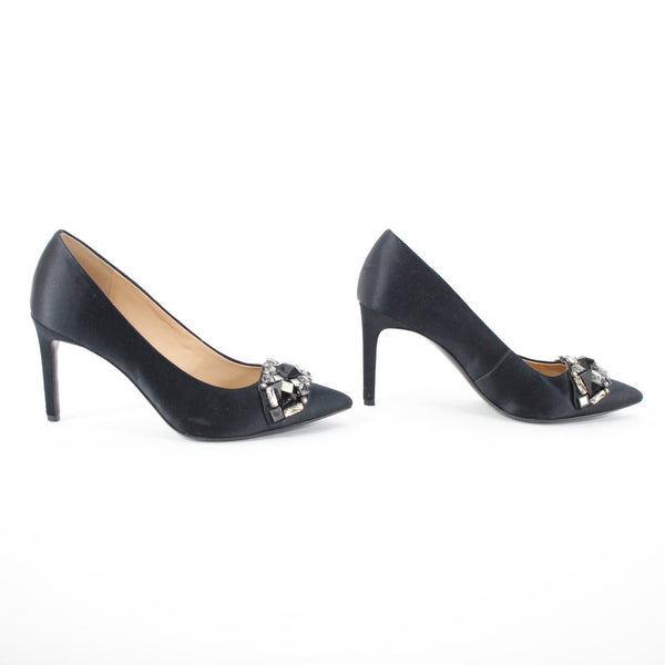 Tory Burch Sz 8.5 M Black Rhinestones Pointed Toe Leather Satin 3.5" Heel