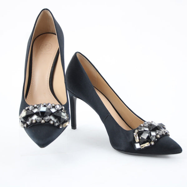Tory Burch Sz 8.5 M Black Rhinestones Pointed Toe Leather Satin 3.5" Heel