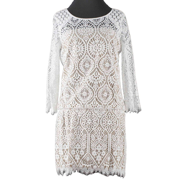 David Lerner Sz S White Tan Lace Knee Length Cotton Nylon Rayon Dress