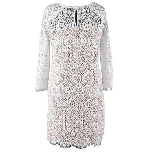David Lerner Sz S White Tan Lace Knee Length Cotton Nylon Rayon Dress