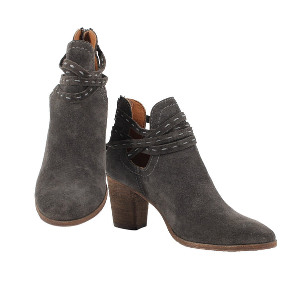 Frye Sz 6.5 Dark Gray Suede Faux Wrap Bohemian Side Cut 2.5' Heel Booties