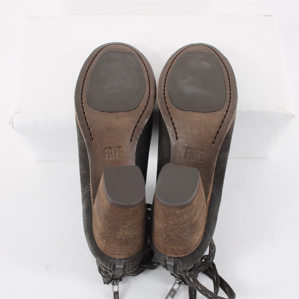 Frye Sz 6.5 Dark Gray Suede Faux Wrap Bohemian Side Cut 2.5' Heel Booties
