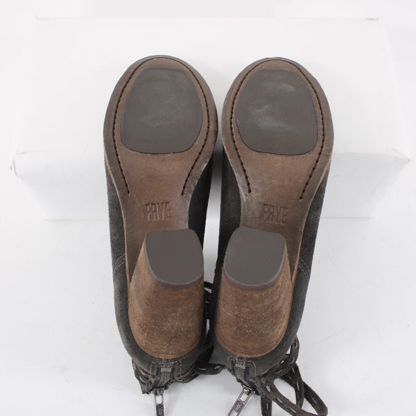 Frye Sz 6.5 Dark Gray Suede Faux Wrap Bohemian Side Cut 2.5' Heel Booties