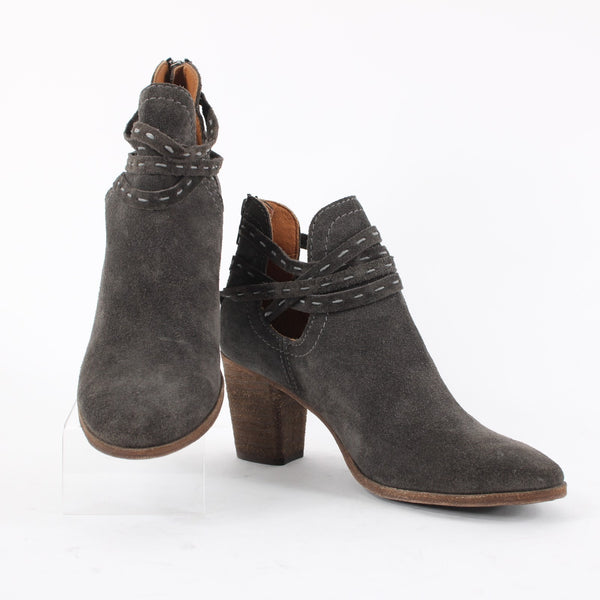 Frye Sz 6.5 Dark Gray Suede Faux Wrap Bohemian Side Cut 2.5' Heel Booties