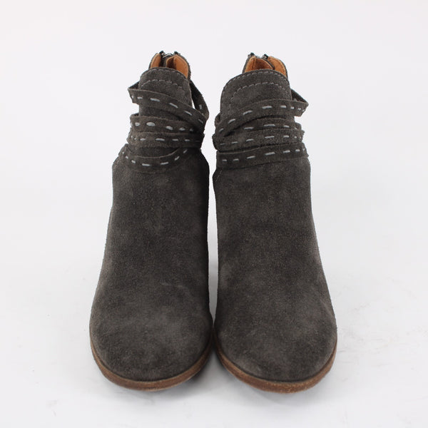Frye Sz 6.5 Dark Gray Suede Faux Wrap Bohemian Side Cut 2.5' Heel Booties